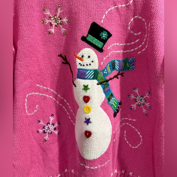 Festive Pink Snowman Sweater Cotton Blend Holiday Snowman - Picture 2 of 5